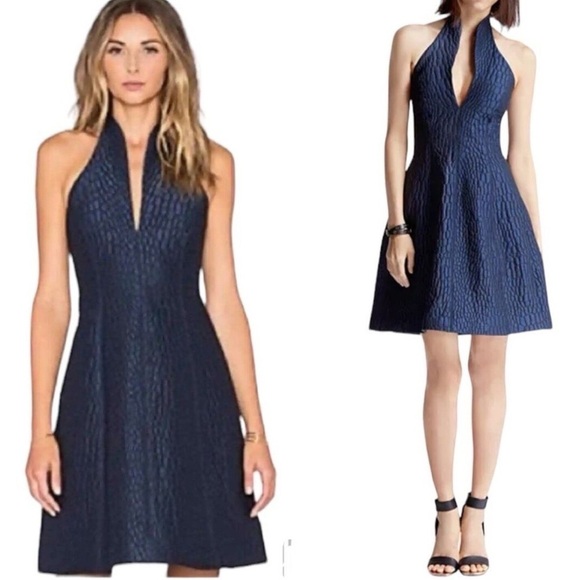 Halston Heritage Dresses & Skirts - NWT HALSTON HERITAGE Halter jacquard black navy cocktail A-lime halter Dress 0